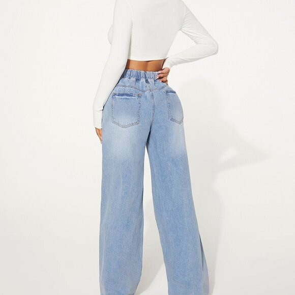 Light Wash Casual Women's Drawstring Waist Cut Out Ripped Wide Leg Jeans - Picture 3 of 5